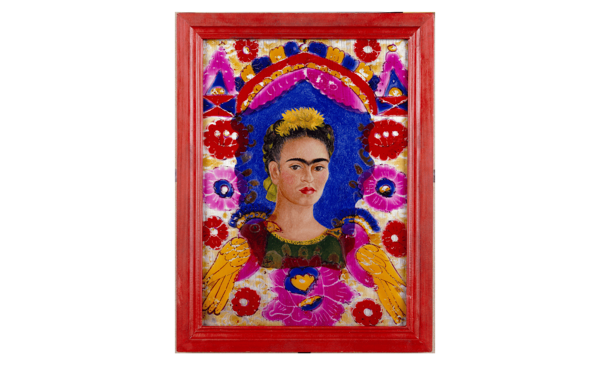 A vibrant portrait of Frida Kahlo featuring colorful flowers and birds, part of the Frida Kahlo’s Month in Paris exhibit at the Art Institute of Chicago, a must-see spring exhibit in Chicago.