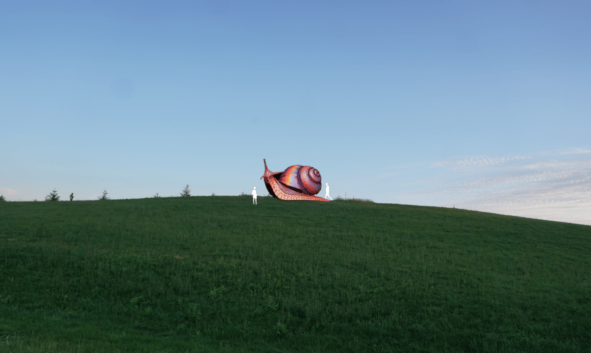 A giant, colorful snail sculpture from the Vivid Creatures exhibit at Morton Arboretum sits atop a grassy hill against a blue sky, part of a spring art installation in Chicago.