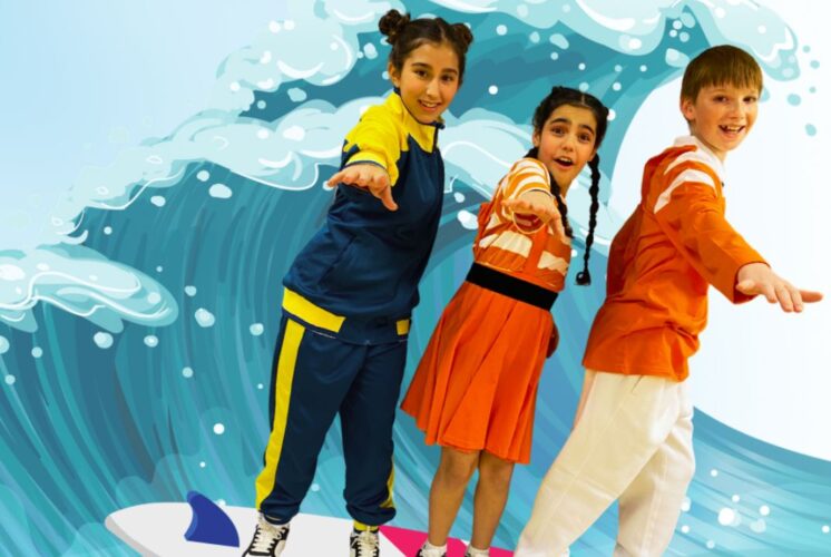 Three young performers dressed in vibrant costumes pose on a surfboard against a colorful wave backdrop, promoting the Highland Park Players' production of "Finding Nemo."